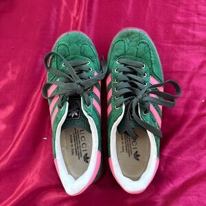 Gucci x Adidas Collab Green and Pink Suede Lace-Up Sneakers
